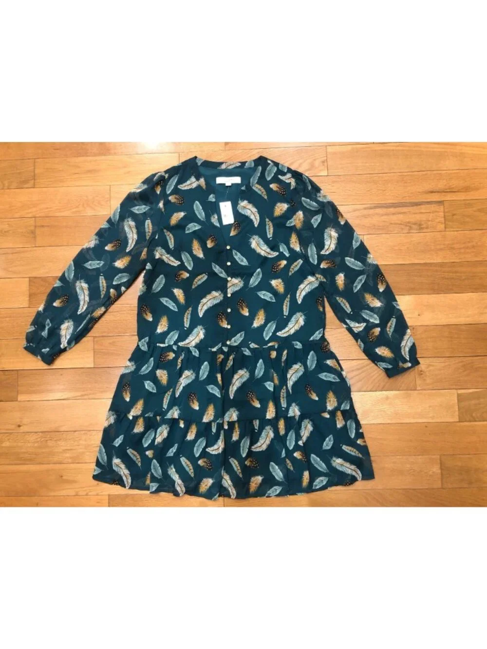 NWT Loft Turquoise Feather Print Drop Waist Dress Sz S Flowy Boho Chic Elegance